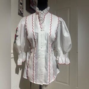 White Blouse with Red Embroidery on Bouffant Sleeves